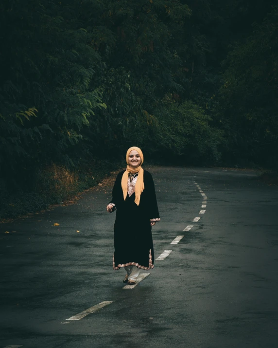 a person is standing on the street, wearing a veil