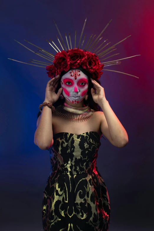 a woman in a costume with her face painted with flowers