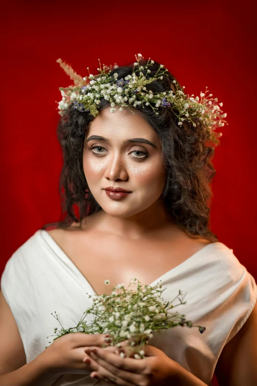 a young woman wearing white clothes holding flowers