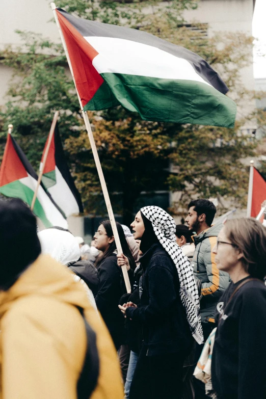 several people are walking in the street with flags