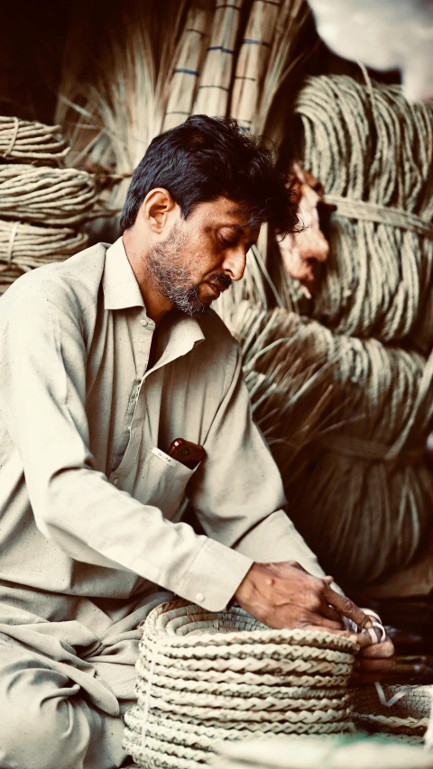 two people sitting down and one holding a rope