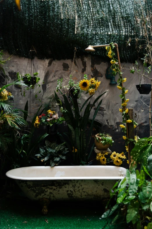 an outdoor bath tub surrounded by plants and other flowers