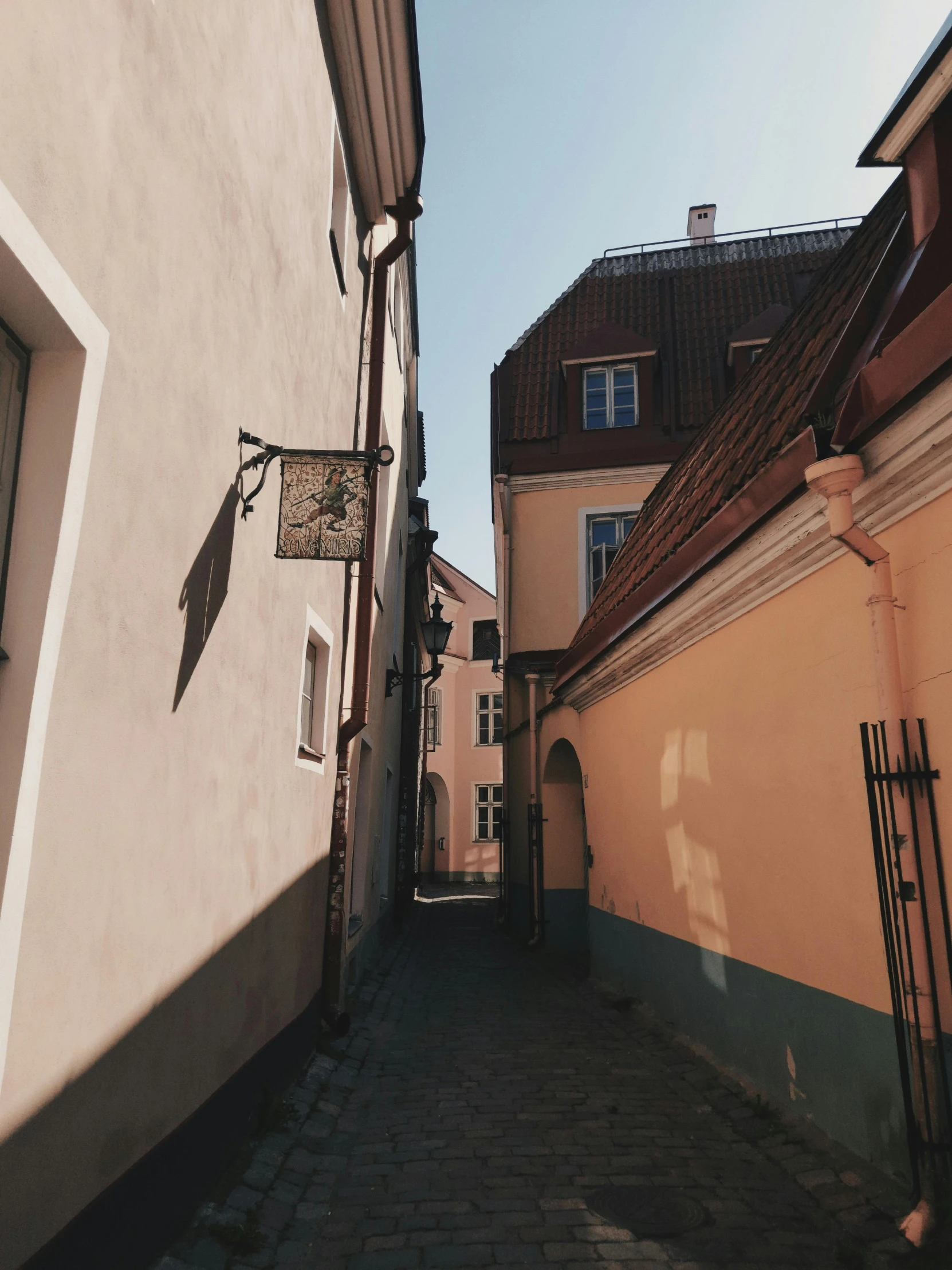 the narrow street has two houses in it