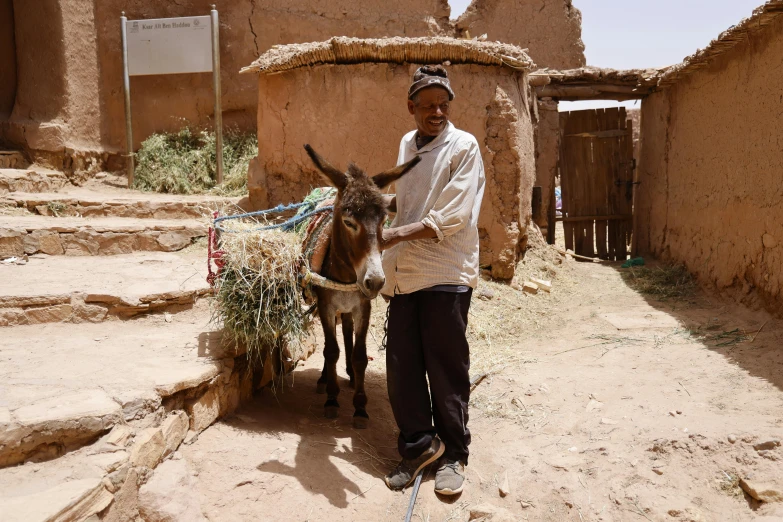 a man standing beside a small donkey next to rocks