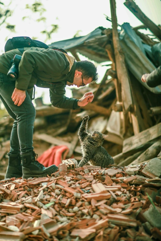 a man is leaning over next to a cat and looking at a dog