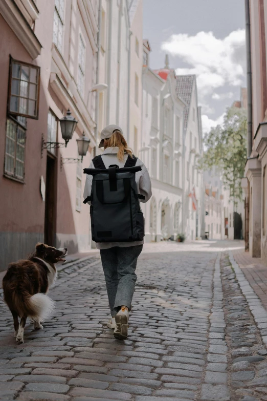 a woman walking with her dog down a cobblestone street