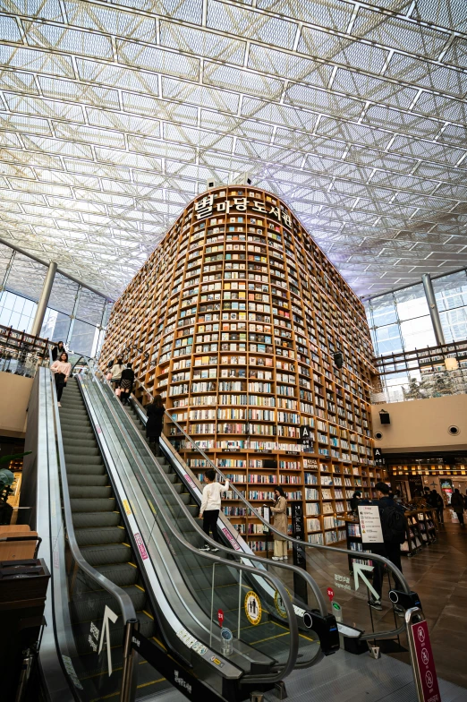 the escalator is set high above the floor with books