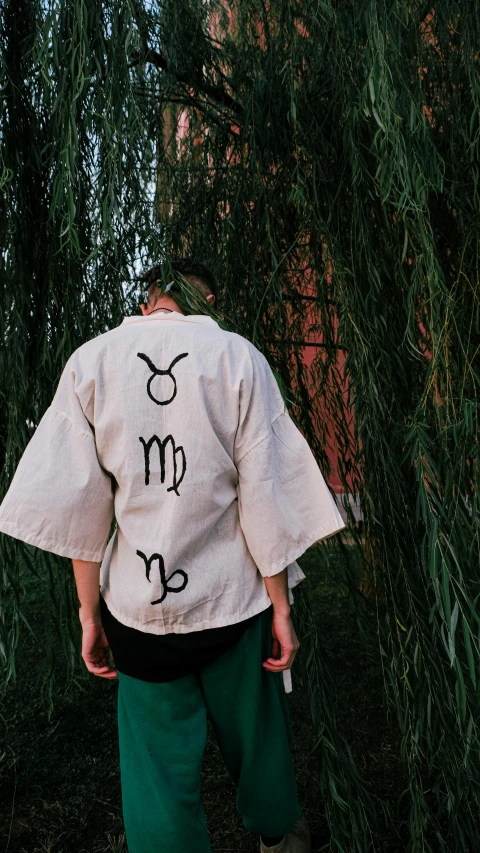 a man wearing a jacket with a zodiac sign on it