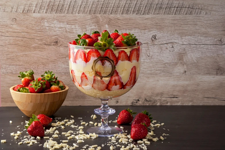 a dessert sits next to some bowls of strawberries