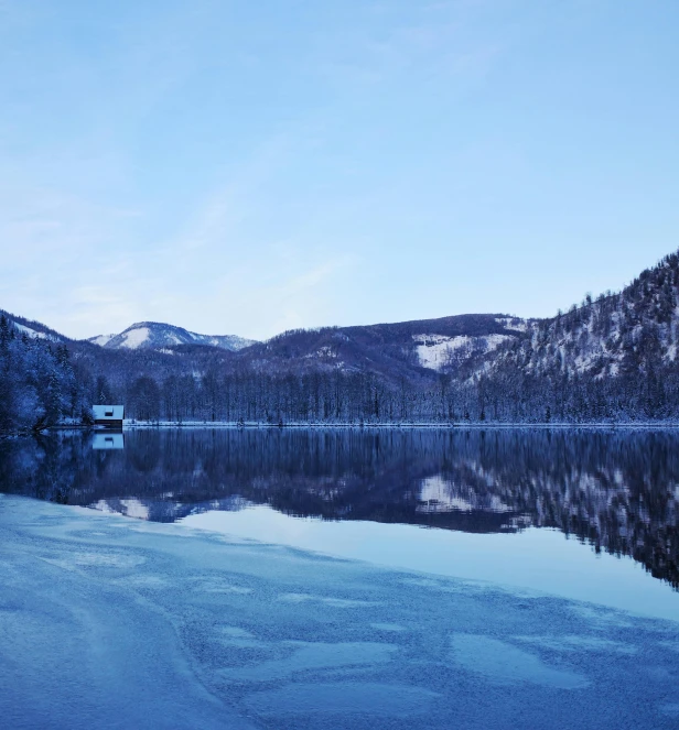 a lake on a mountain in the background