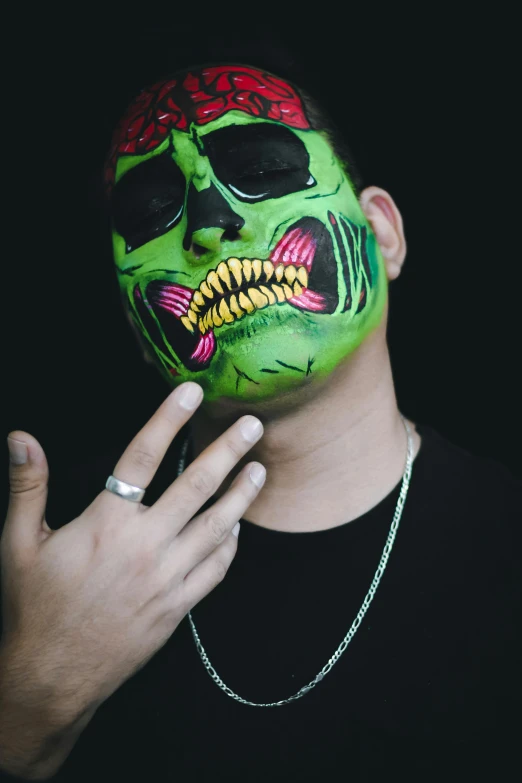 a man with his face painted green with skull teeth