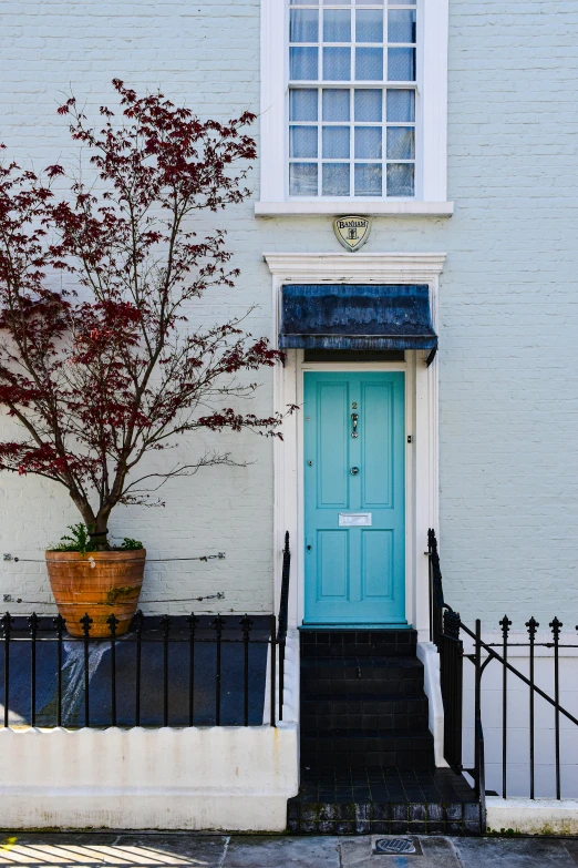 a blue door to a white building with black rails