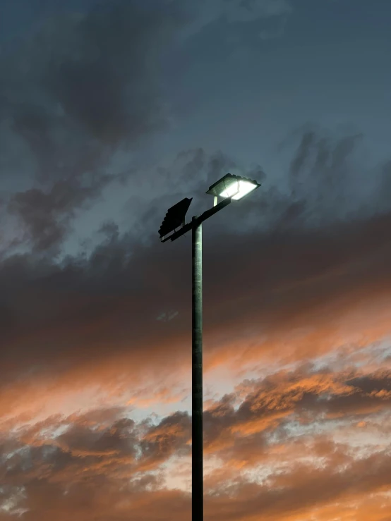 the clouds are pink as they grow behind a street lamp