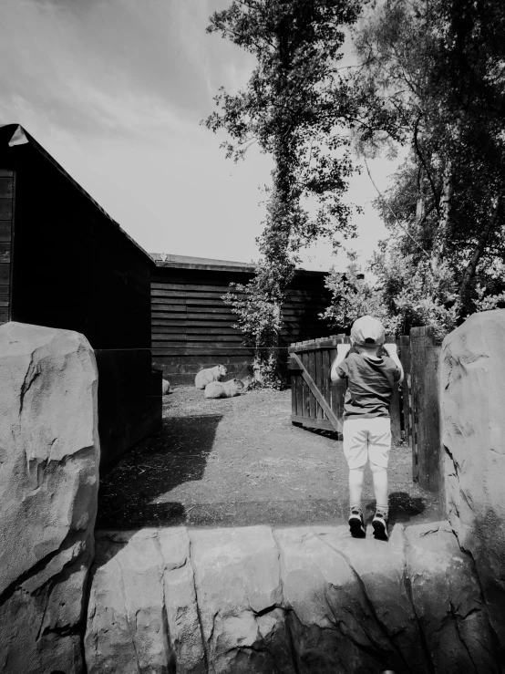 a black and white po of a boy walking by some rocks