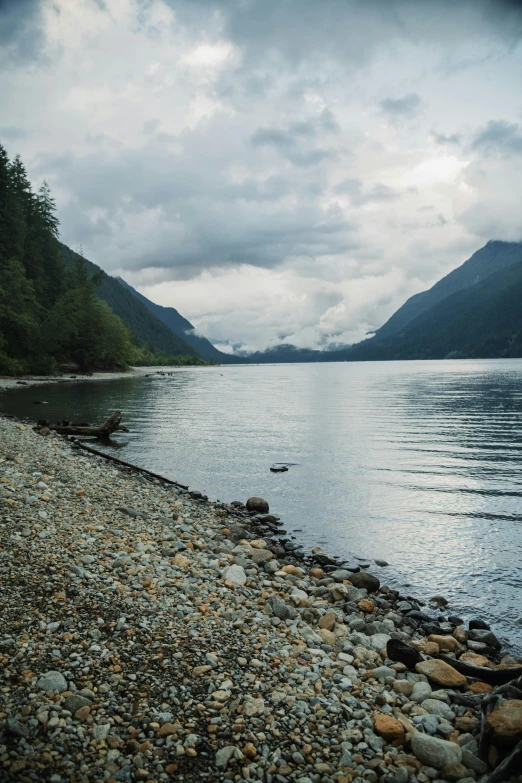 a view of some rocky shore and a mountain