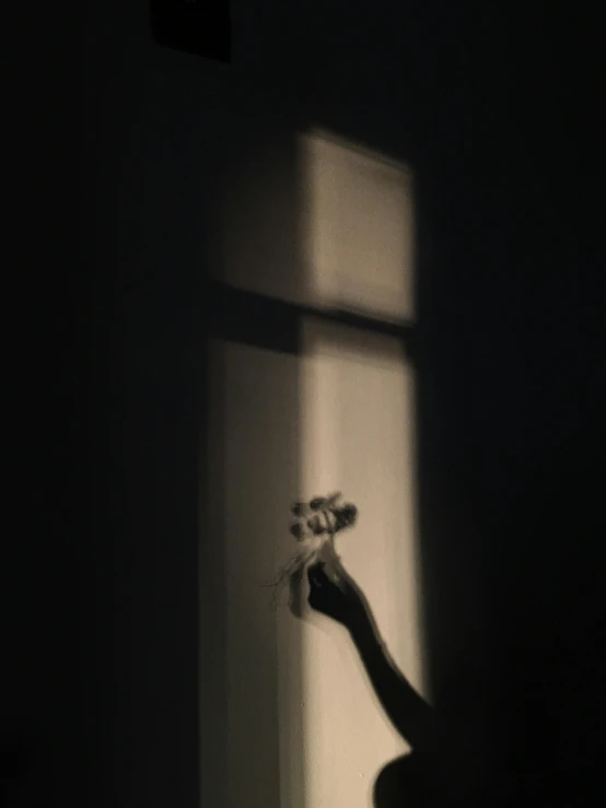 the shadow of a hand reaching towards a window