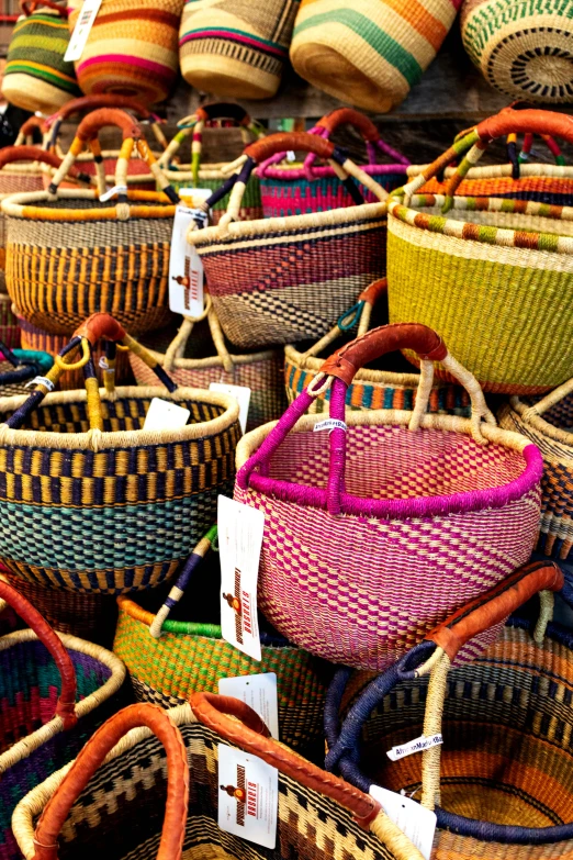 many baskets are being sold at the market