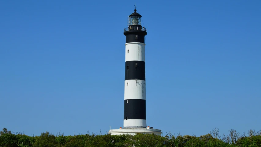 black and white lighthouse on top of the trees in front of a clear blue sky