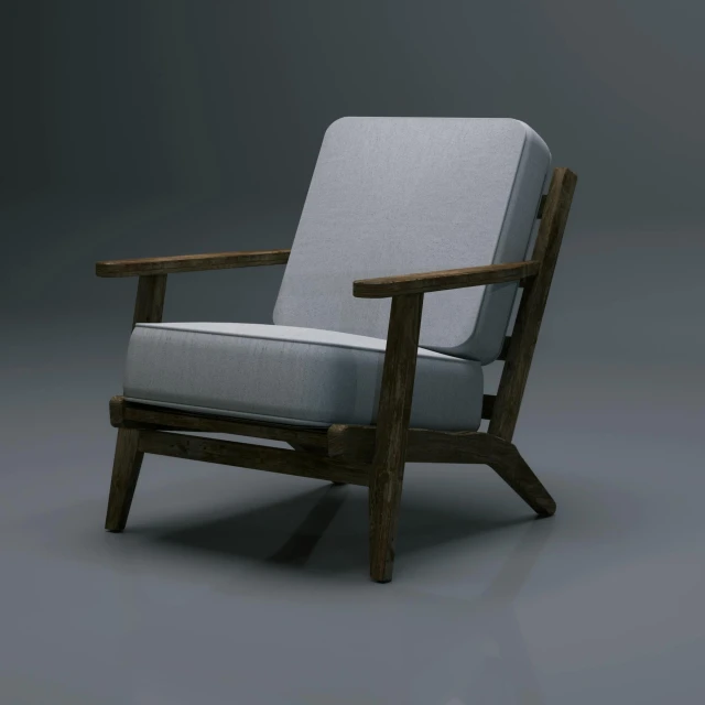 a wooden chair sitting on a grey background