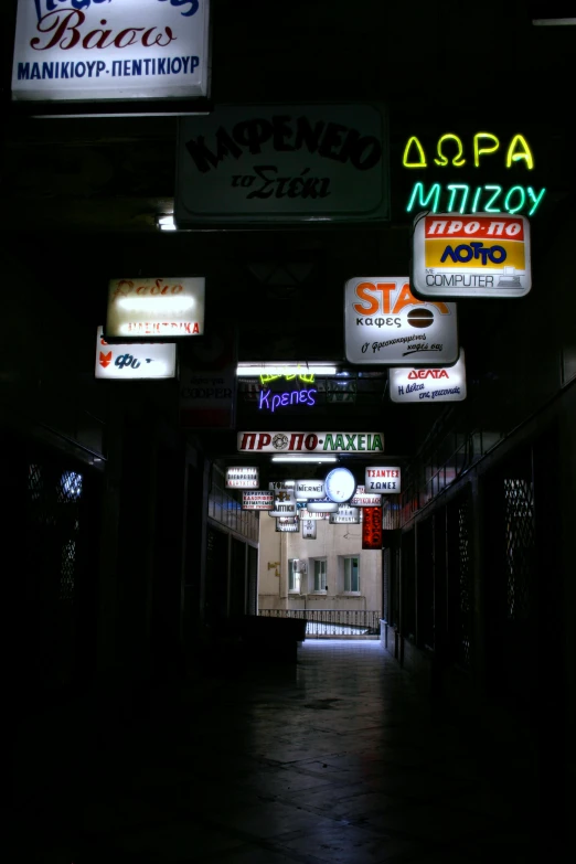 several neon signs in various languages above dark alley