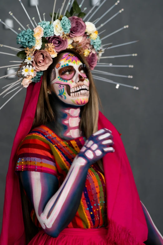 a woman with makeup in the image wearing a skull mask