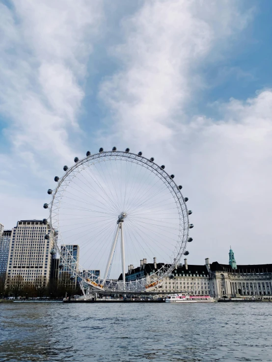 a large ferris wheel sitting above the city skyline