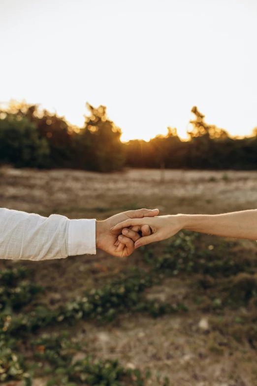 the bride and groom hold hands outdoors near the trees