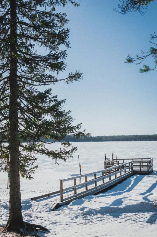 the view from the deck of a lake with trees in the snow