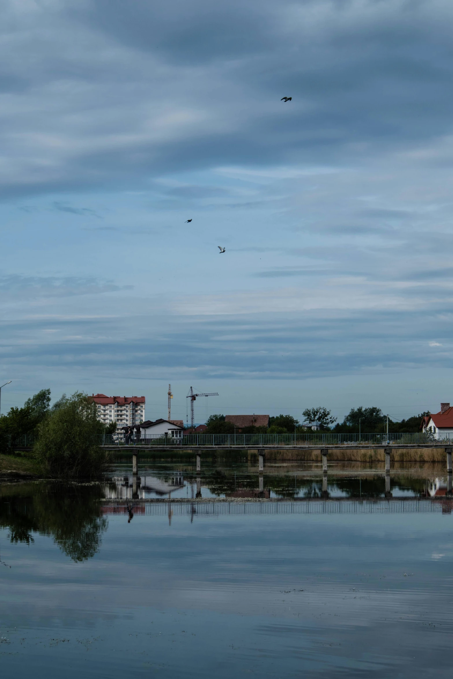 a large body of water with a bridge and a flying boat