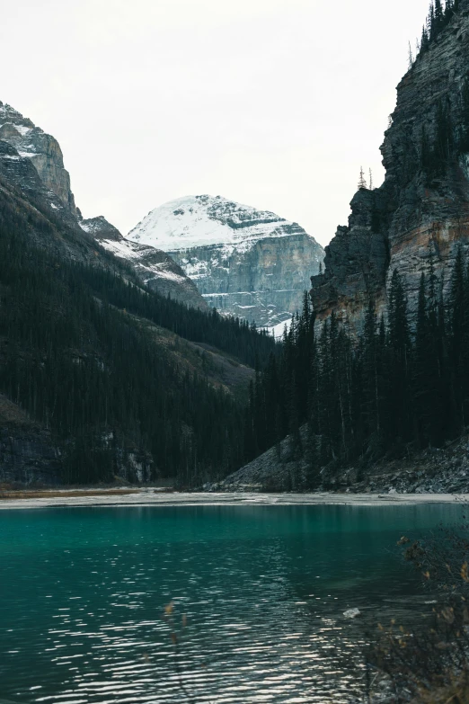 water and trees are in the distance on a lake