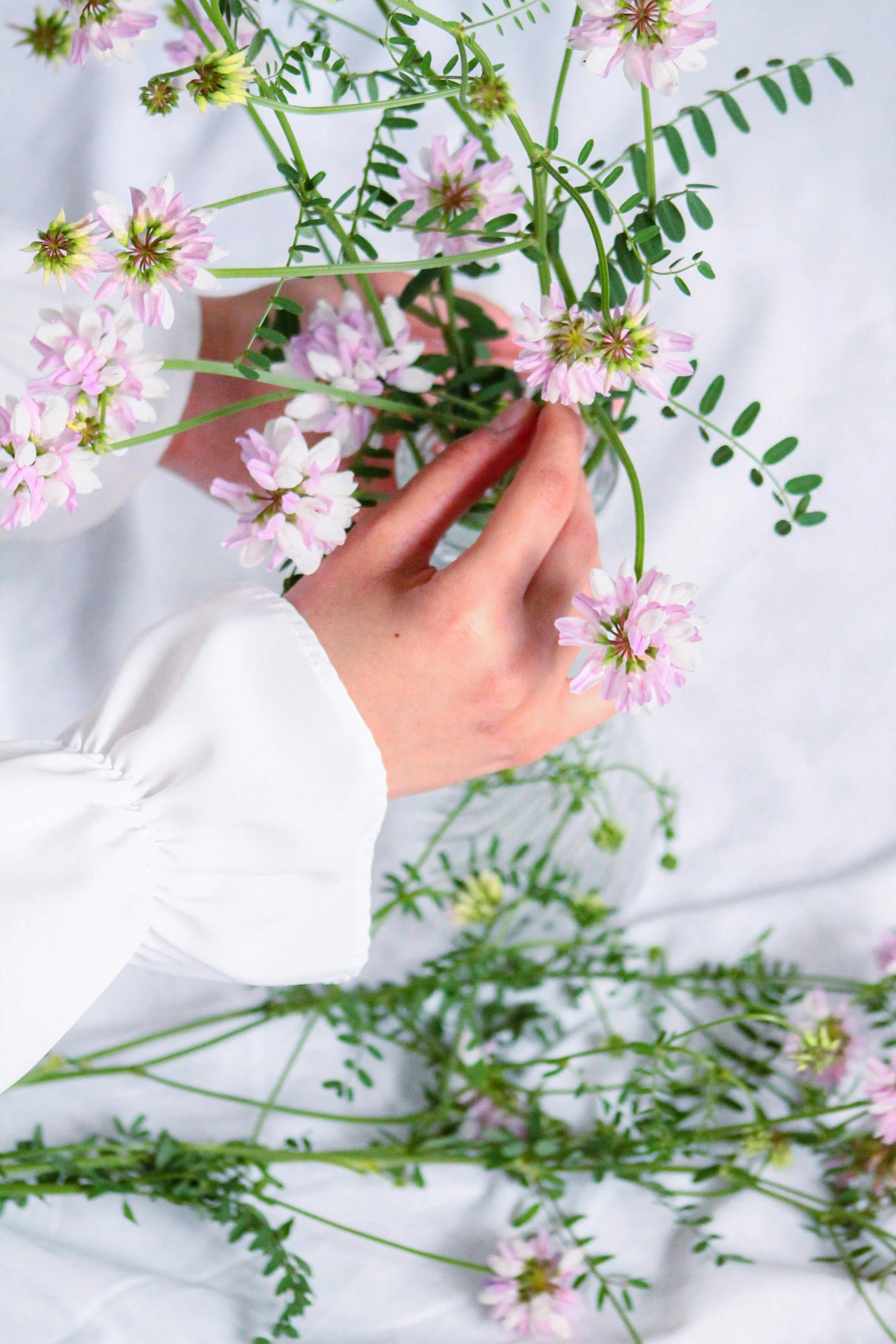 someone holding up pink flowers on top of white cloth