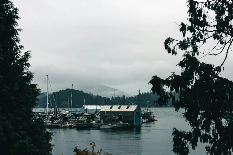 boats moored in the water, under a gray sky