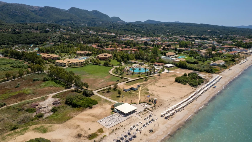 the beach and resort on a clear day