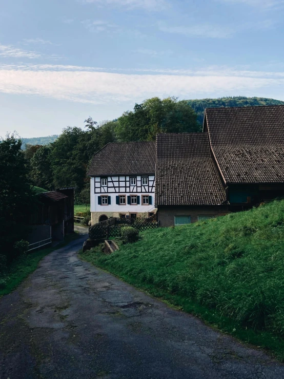 a house with many windows and thatched roof