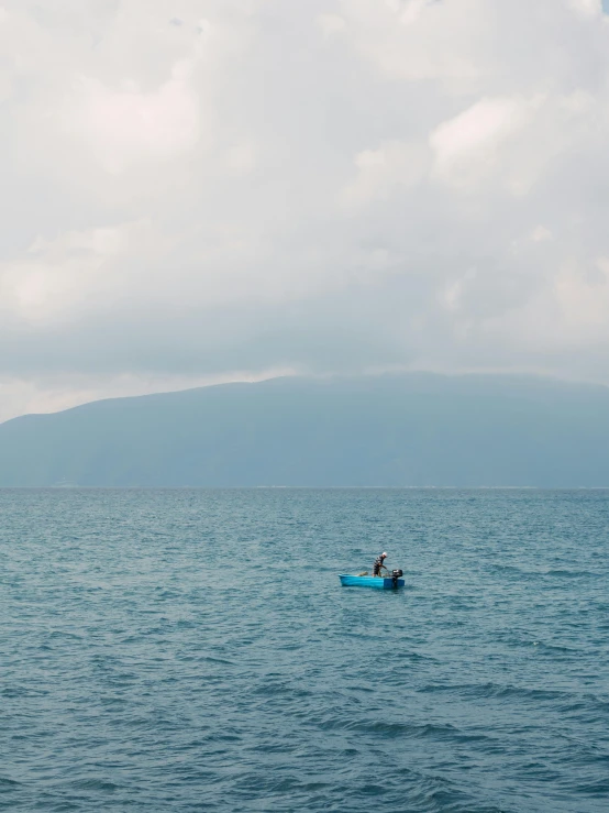 a lone kayaker in the water looking for food