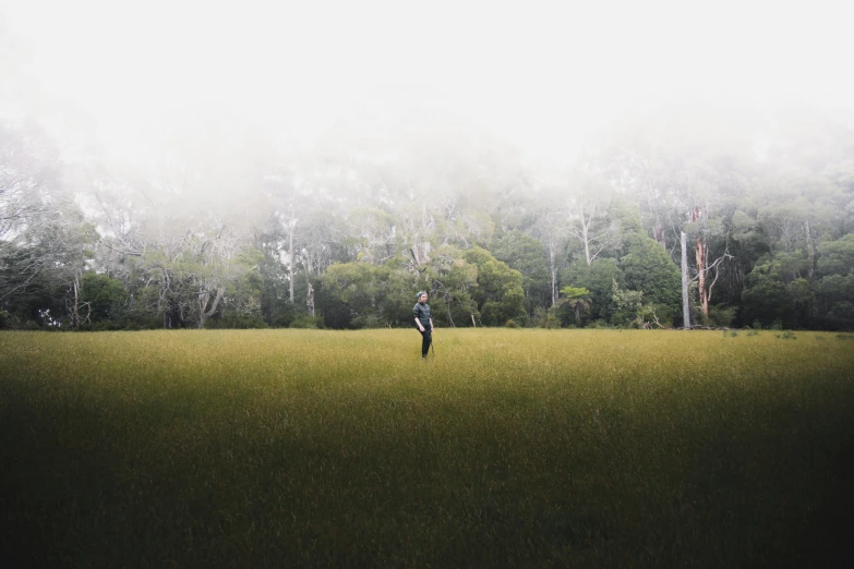 man standing in large open field with trees and grass