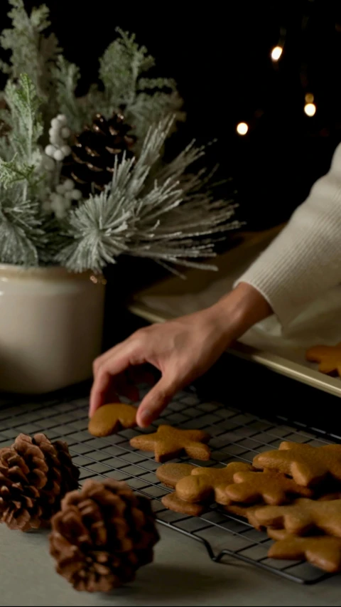 a hand on a baking rack reaching for cookies