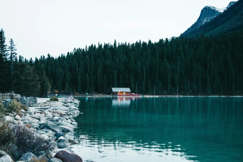 a lake surrounded by pine trees on both sides and a small house