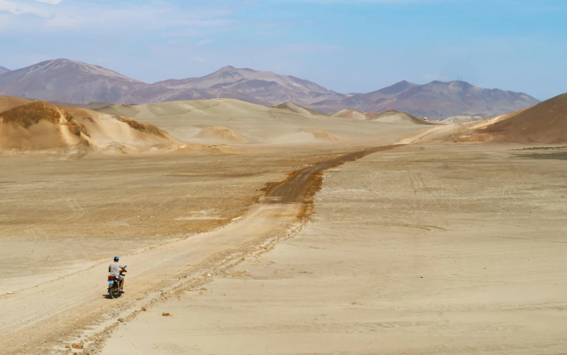 two men ride their motorcycle in the desert