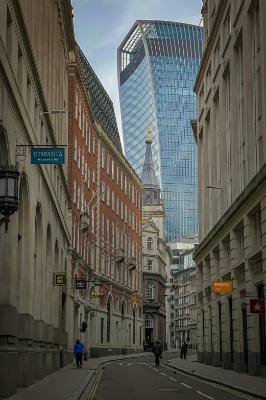 this city street has several tall buildings