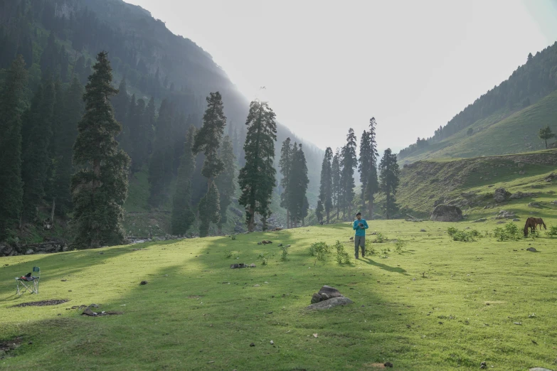 two people walking in the grass with horses nearby