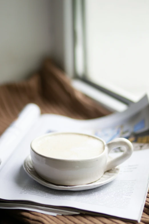 a cup and saucer on a stack of newspapers