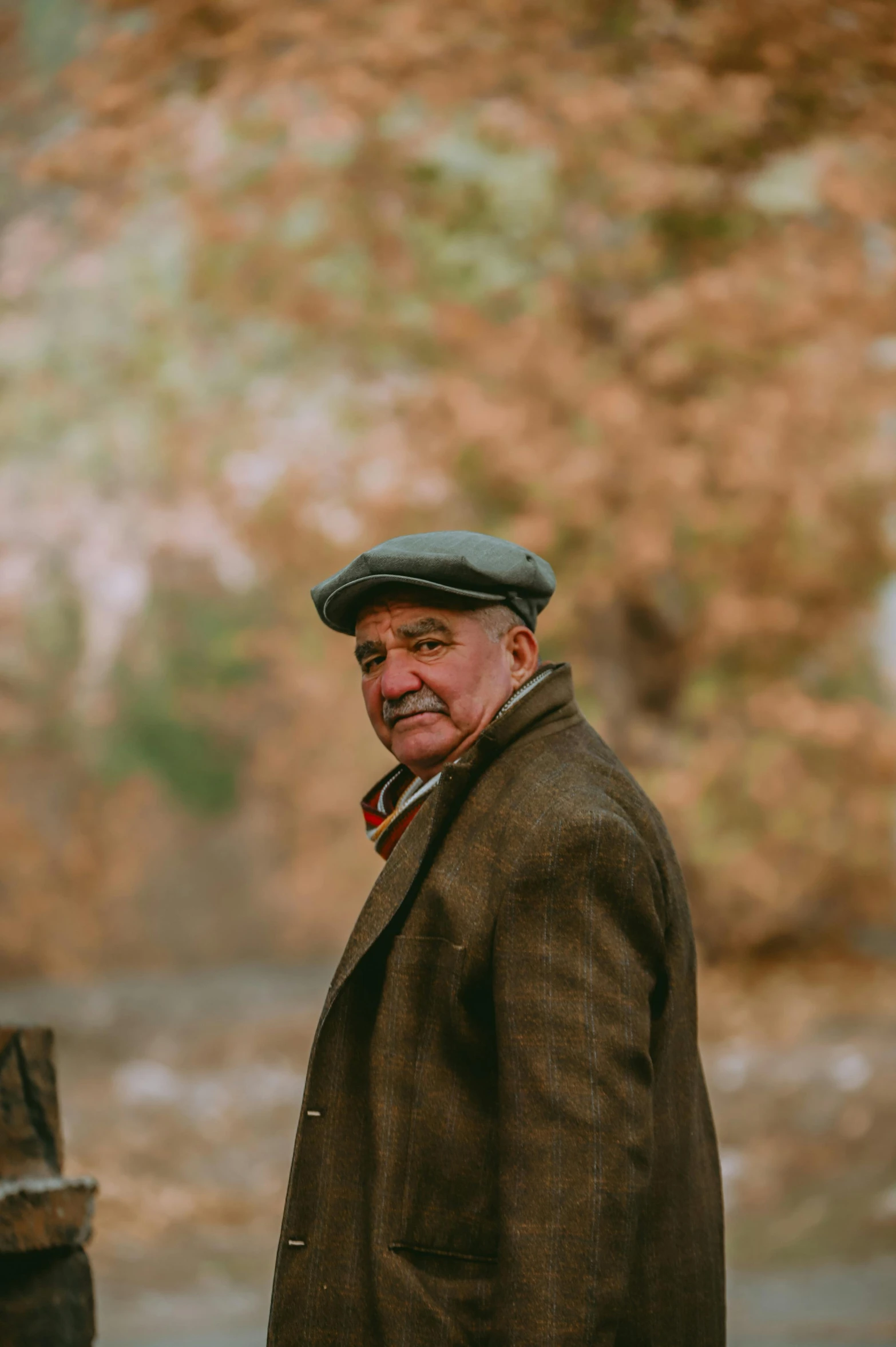 a man standing in a wooded area with mountains behind him