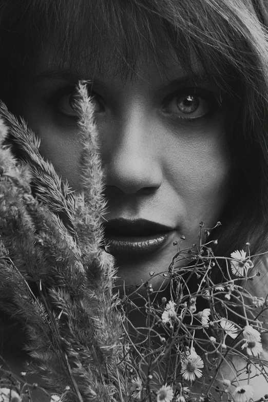 a black and white po of a woman posing with flowers in front of her face