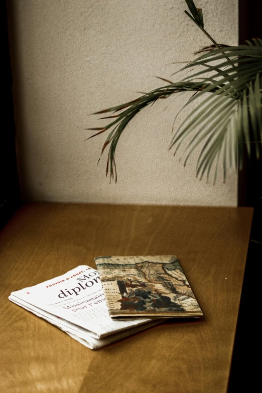 a brown table with three magazines stacked on it