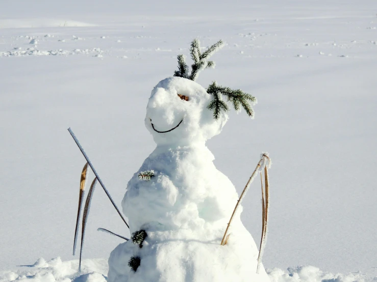 a snowman made out of ski poles and wearing a top hat