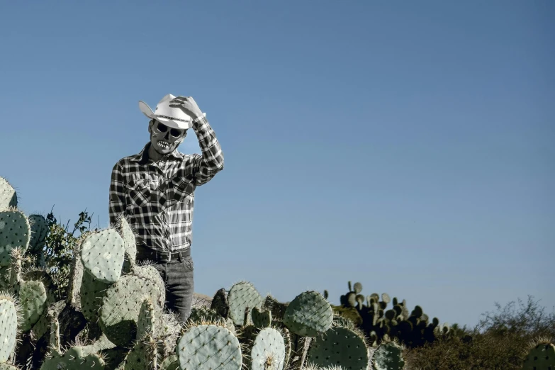 a man in black and white shirt standing in front of a bunch of cactus