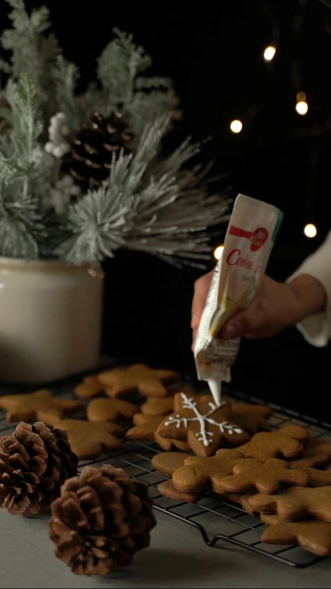 someone dipping some frosting on some chocolate to decorate cookies