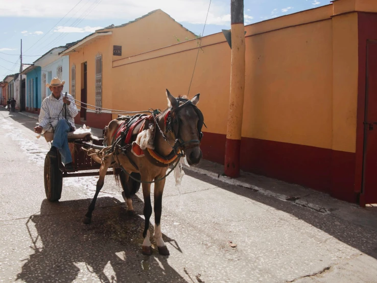 a man rides on a horse and cart in an empty street