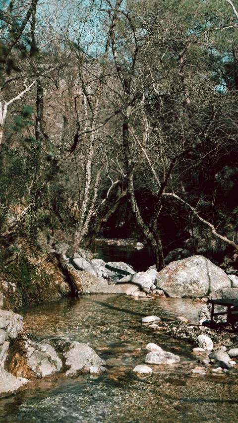 a bench sits on a rocky shore near a river